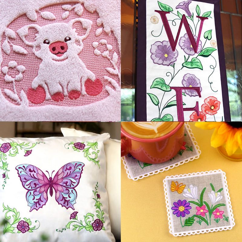 Collage of machine embroidery designs - Embossed pig, welcome, butterfly and flower coasters.