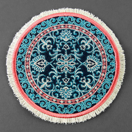 Cozy in Filigree Fringe Mug Rug (In-the-Hoop)