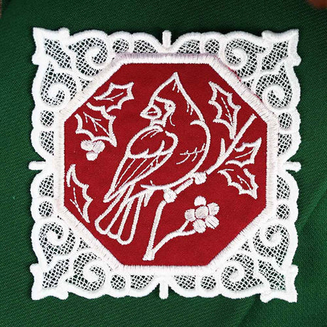 Lace Edge Christmas Coaster - Cardinal (In-the-Hoop)