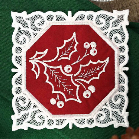 Lace Edge Christmas Coaster - Holly (In-the-Hoop)